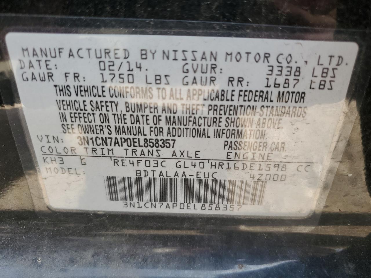3N1CN7AP0EL858357 2014 Nissan Versa S