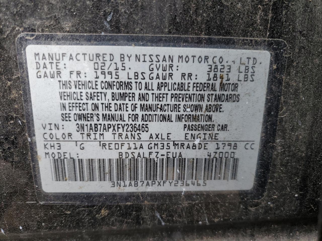 3N1AB7APXFY236465 2015 Nissan Sentra S