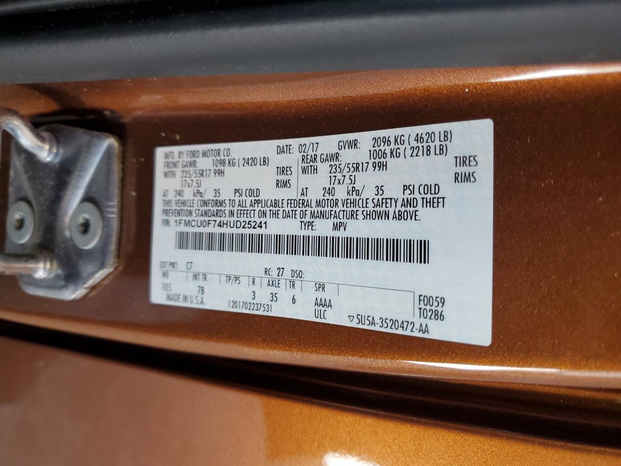 1FMCU0F74HUD25241 FORD ESCAPE 2017