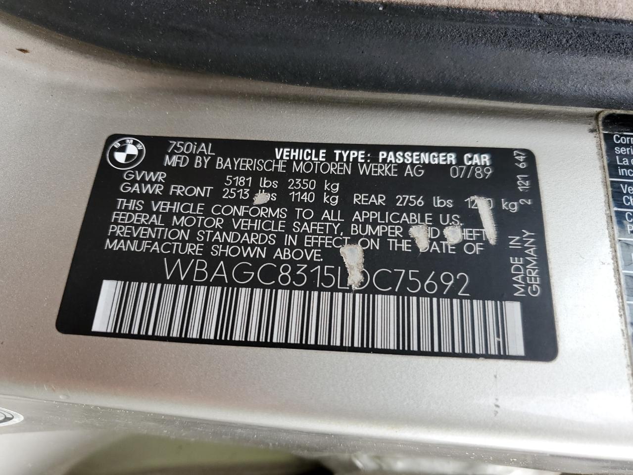 WBAGC8315LDC75692 1990 BMW 750 Il