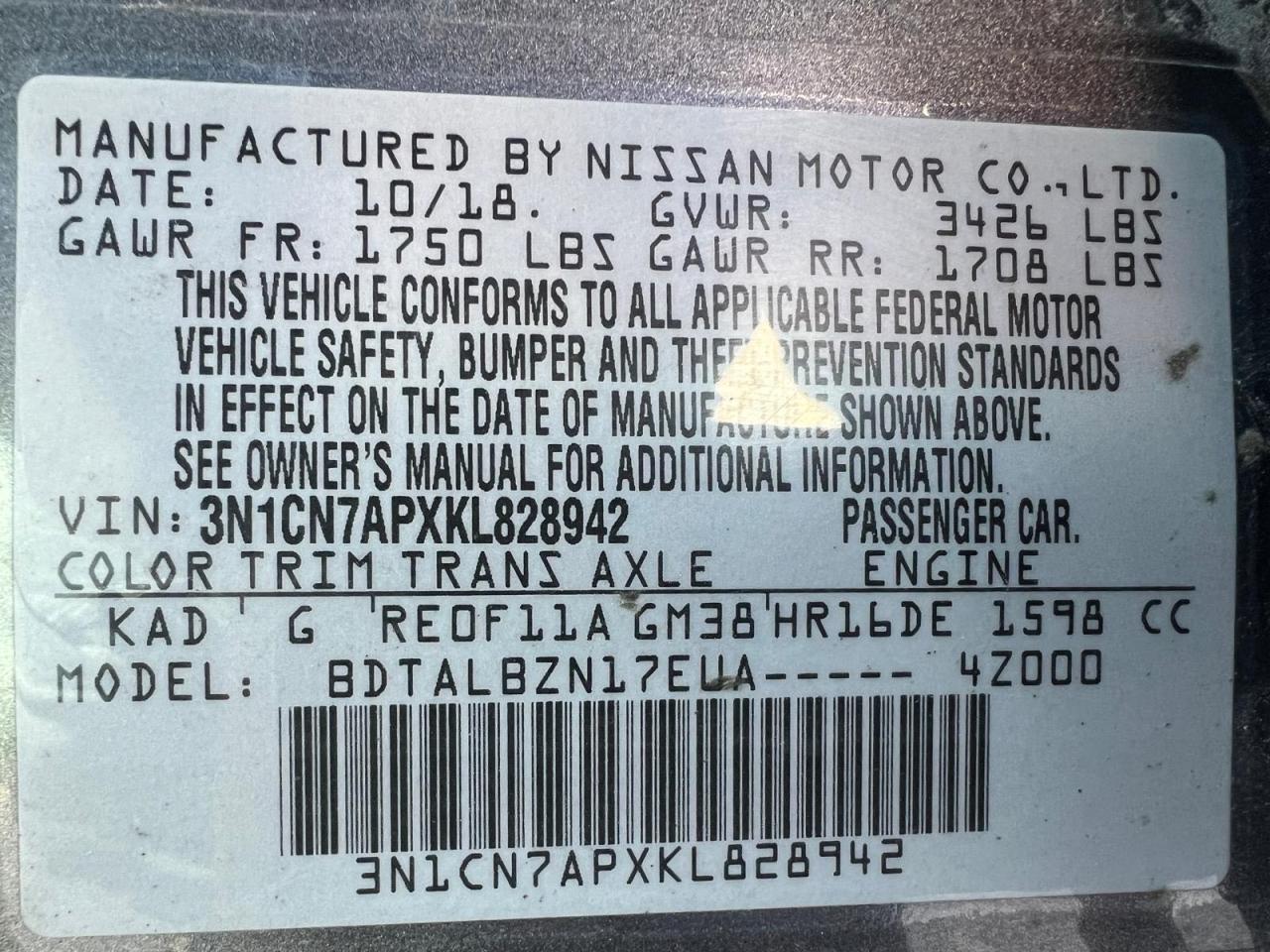 3N1CN7APXKL828942 2019 Nissan Versa S