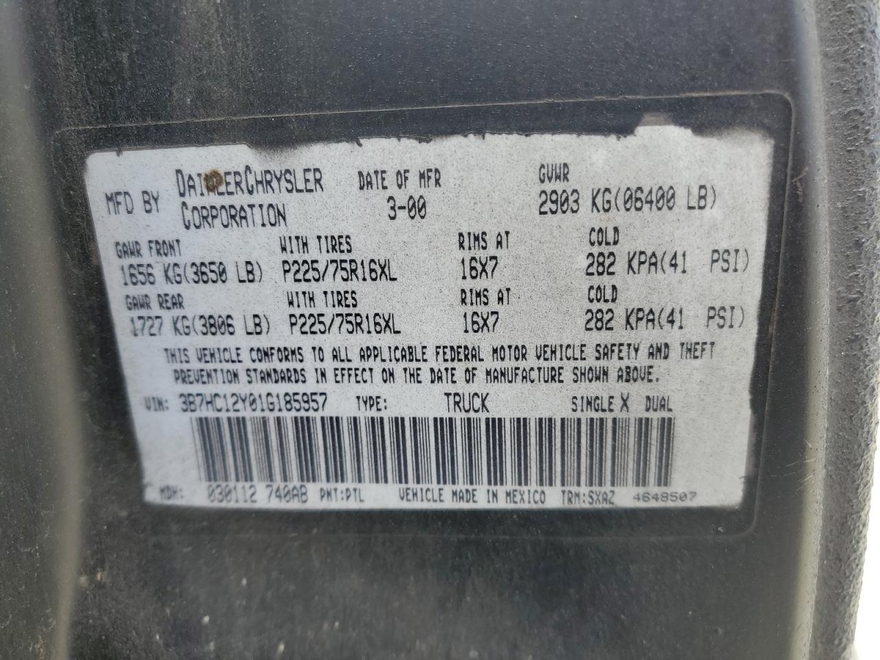 3B7HC12Y01G185957 2001 Dodge Ram 1500