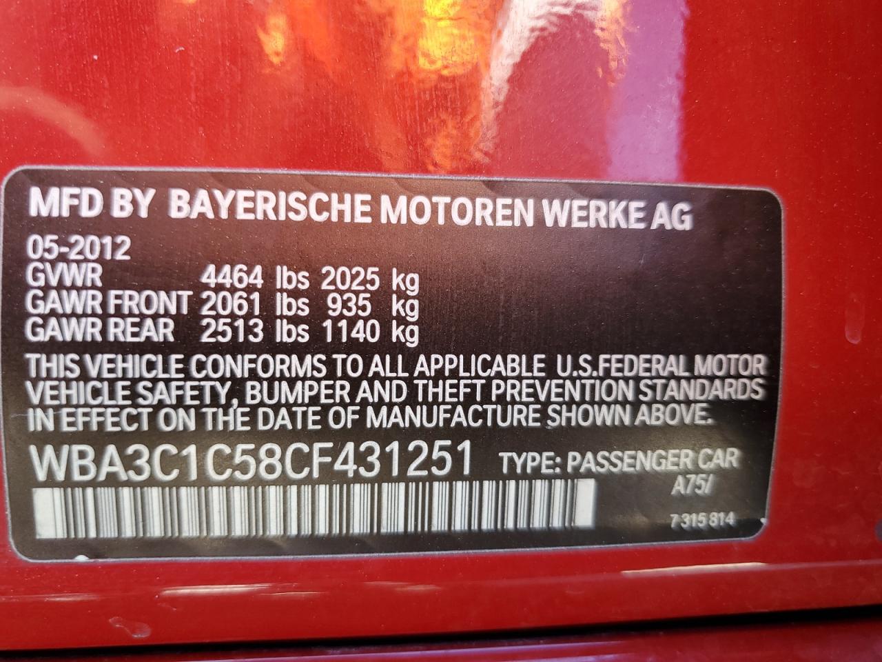 WBA3C1C58CF431251 2012 BMW 328 I Sulev