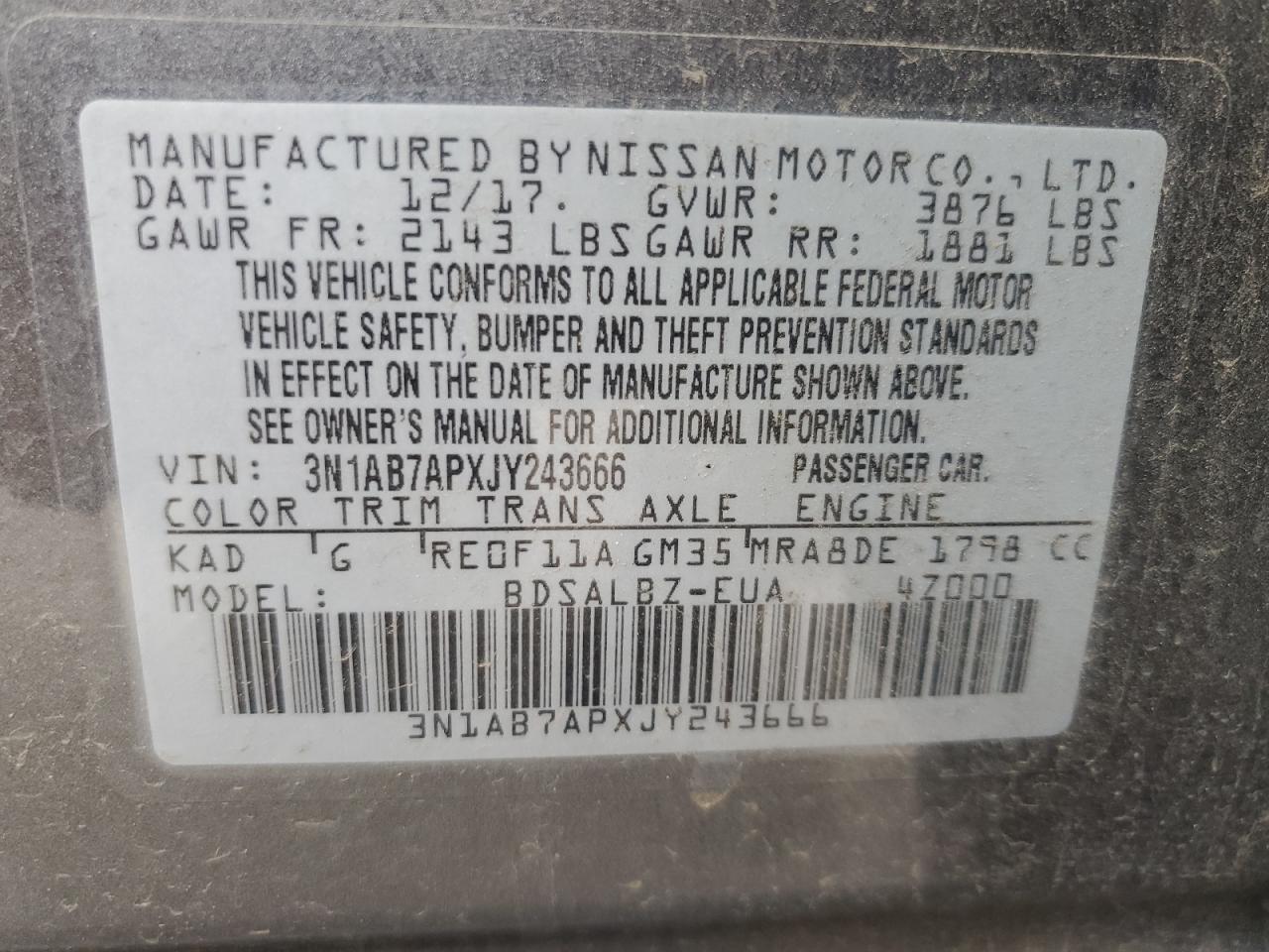 3N1AB7APXJY243666 2018 Nissan Sentra S