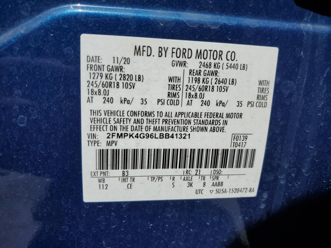 2FMPK4G96LBB41321 2020 Ford Edge Se