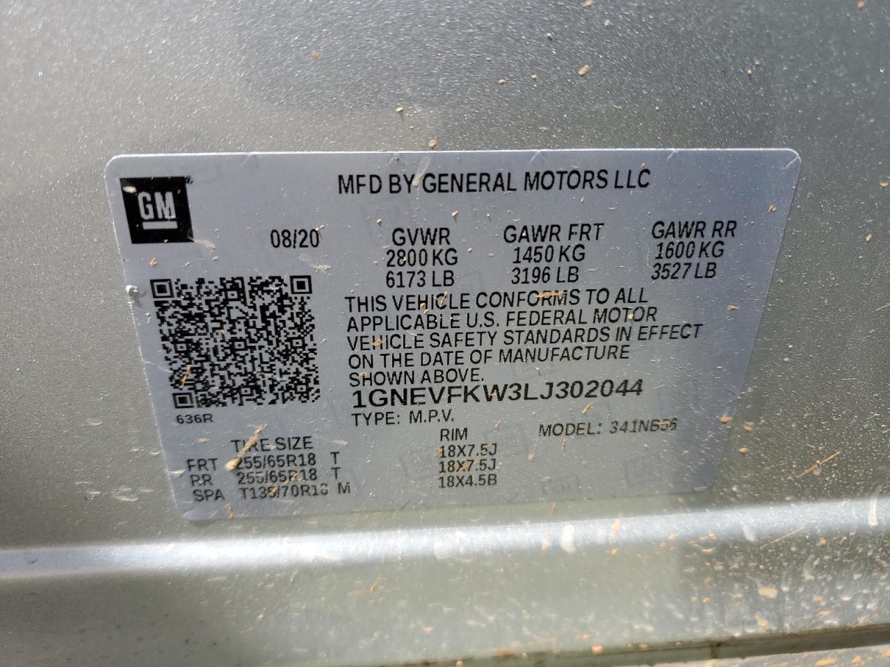 1GNEVFKW3LJ302044 2020 Chevrolet Traverse Ls