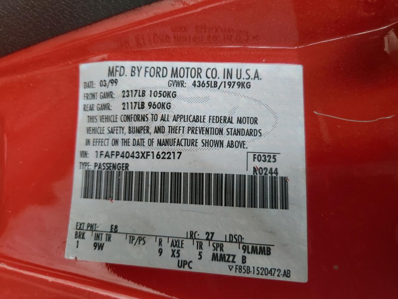 1FAFP4043XF162217 1999 Ford Mustang