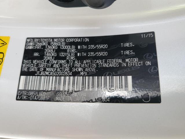 2016 Lexus Rx 350 VIN: JTJBZMCA5G2002834 Lot: 52535214