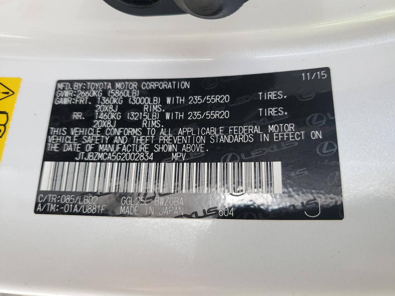 JTJBZMCA5G2002834 2016 Lexus Rx 350