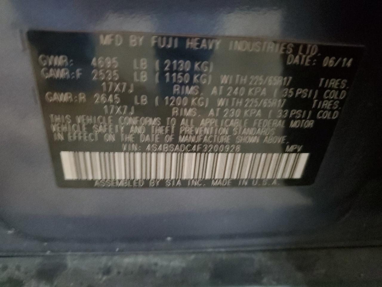 4S4BSADC4F3200928 2015 Subaru Outback 2.5I Premium