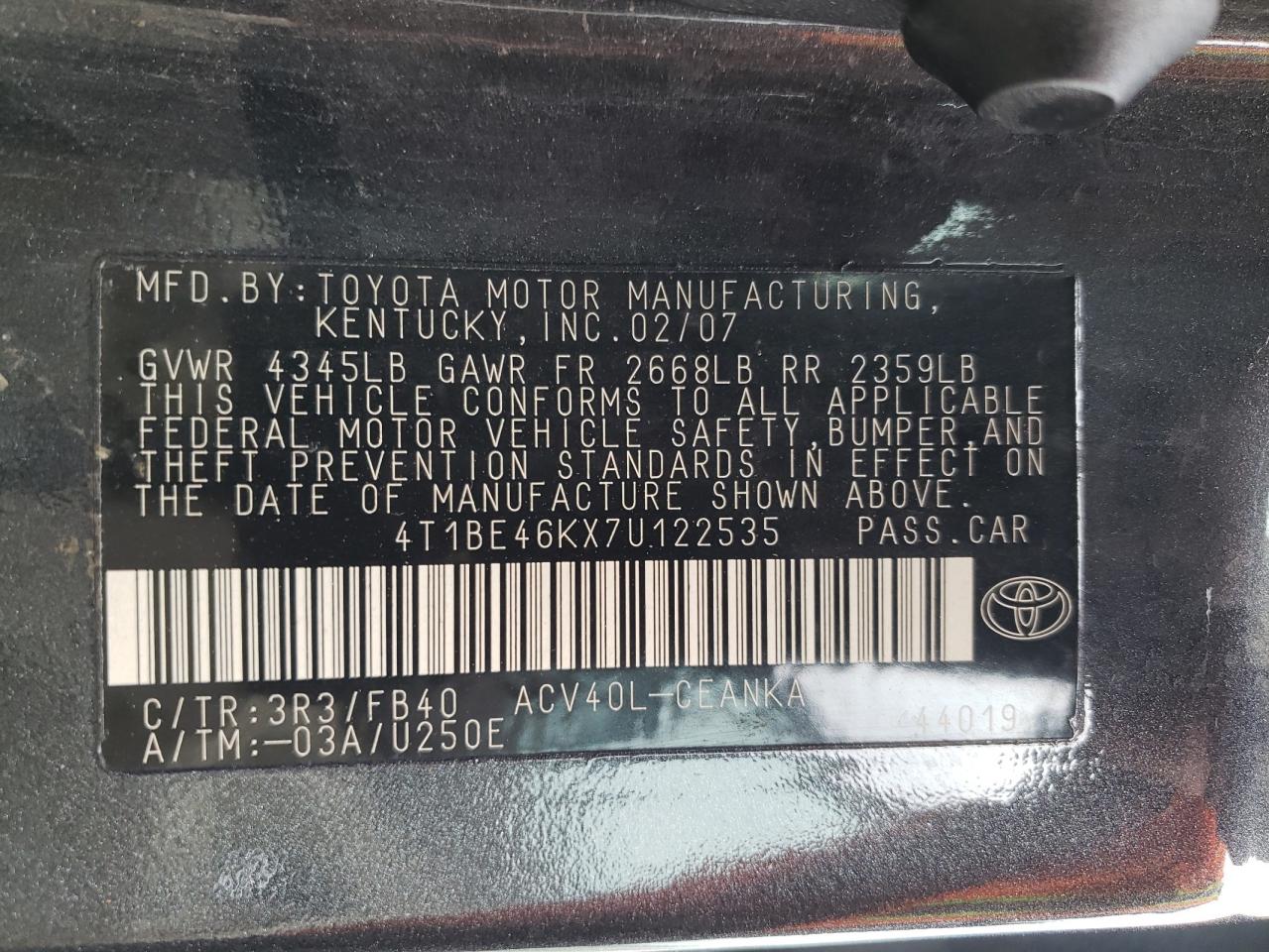 4T1BE46KX7U122535 2007 Toyota Camry Ce