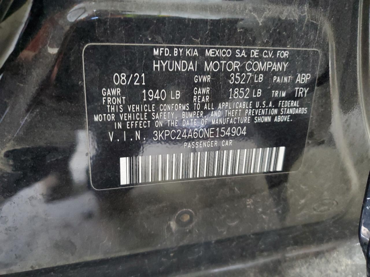 3KPC24A60NE154904 2022 Hyundai Accent Se