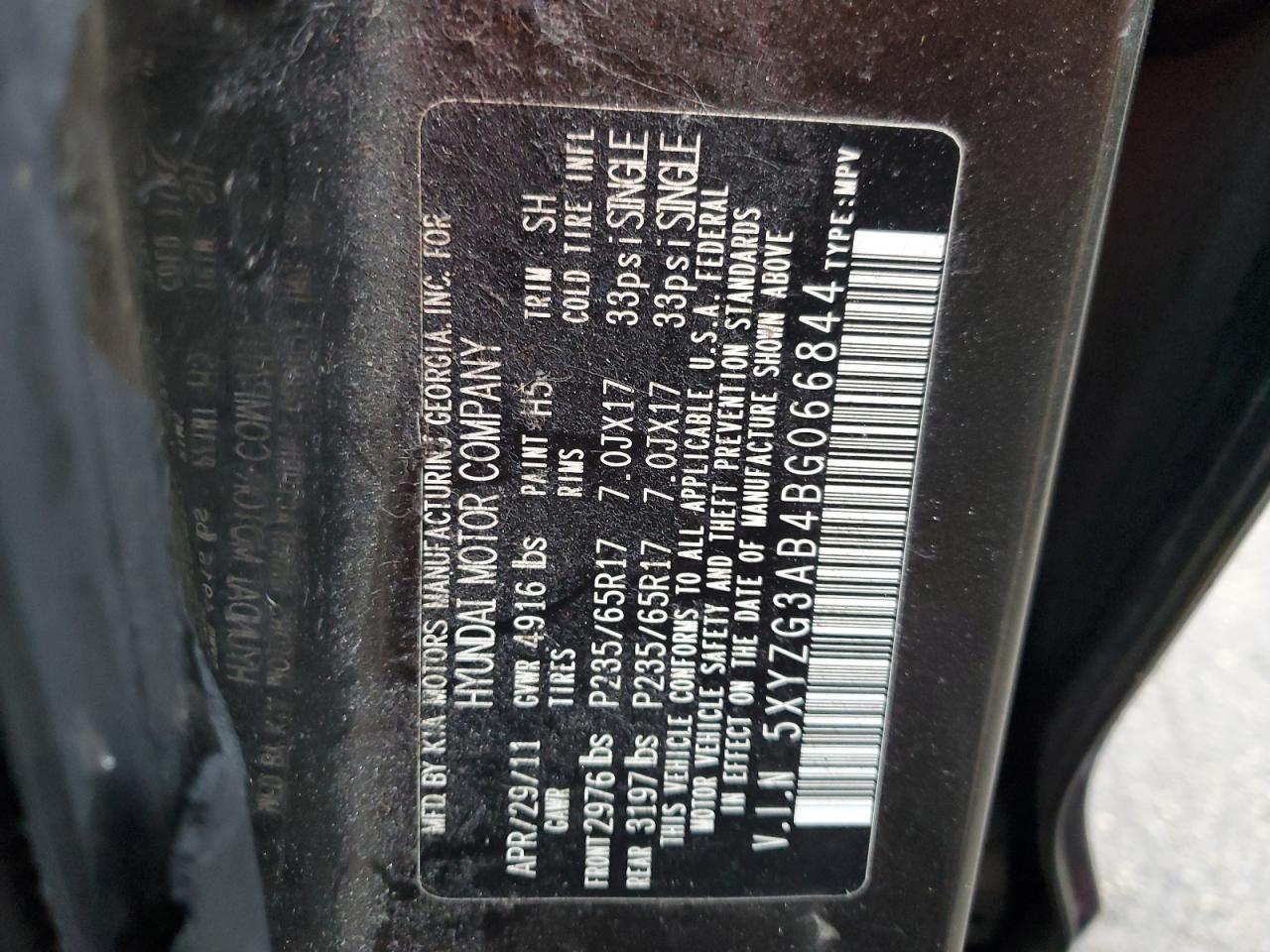 5XYZG3AB4BG066844 2011 Hyundai Santa Fe Gls