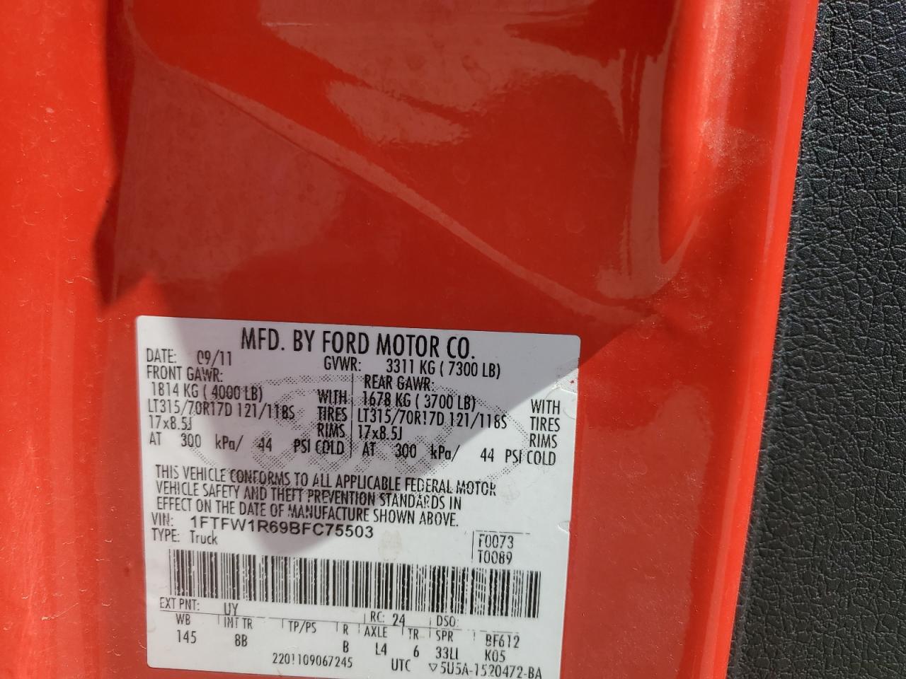 1FTFW1R69BFC75503 2011 Ford F150 Svt Raptor