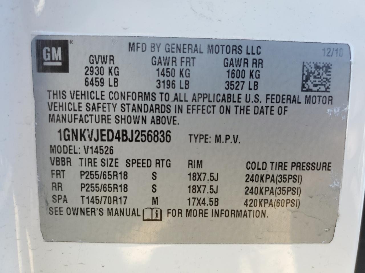 1GNKVJED4BJ256836 2011 Chevrolet Traverse Lt