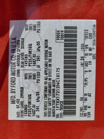 2002 Ford F150 VIN: 1FTRX17212NC10175 Lot: 50970094