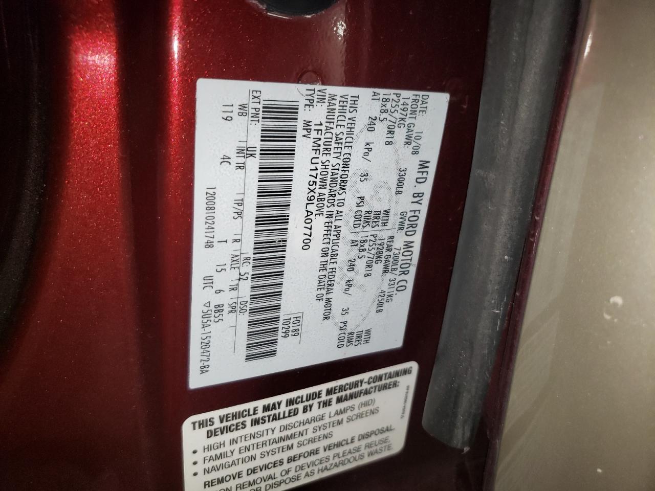 1FMFU175X9LA07700 2009 Ford Expedition Eddie Bauer