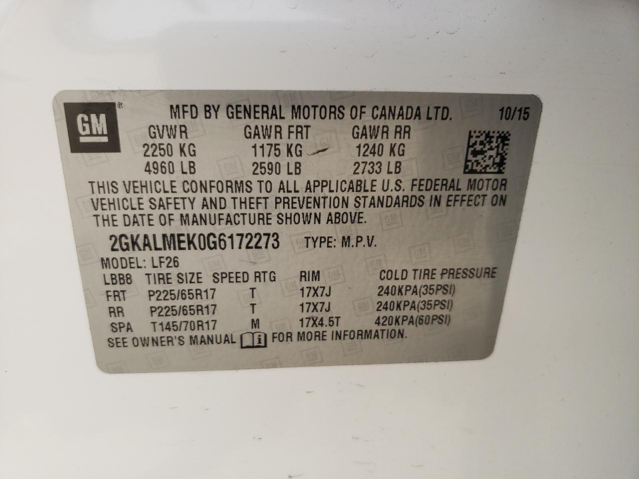 2GKALMEK0G6172273 2016 GMC Terrain Sle