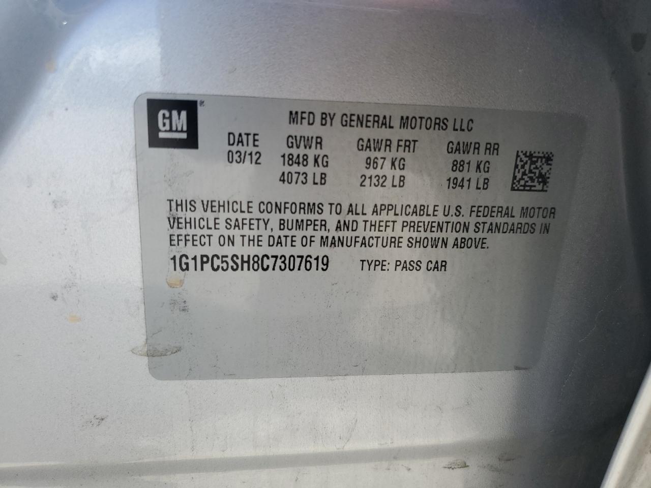 1G1PC5SH8C7307619 2012 Chevrolet Cruze Ls