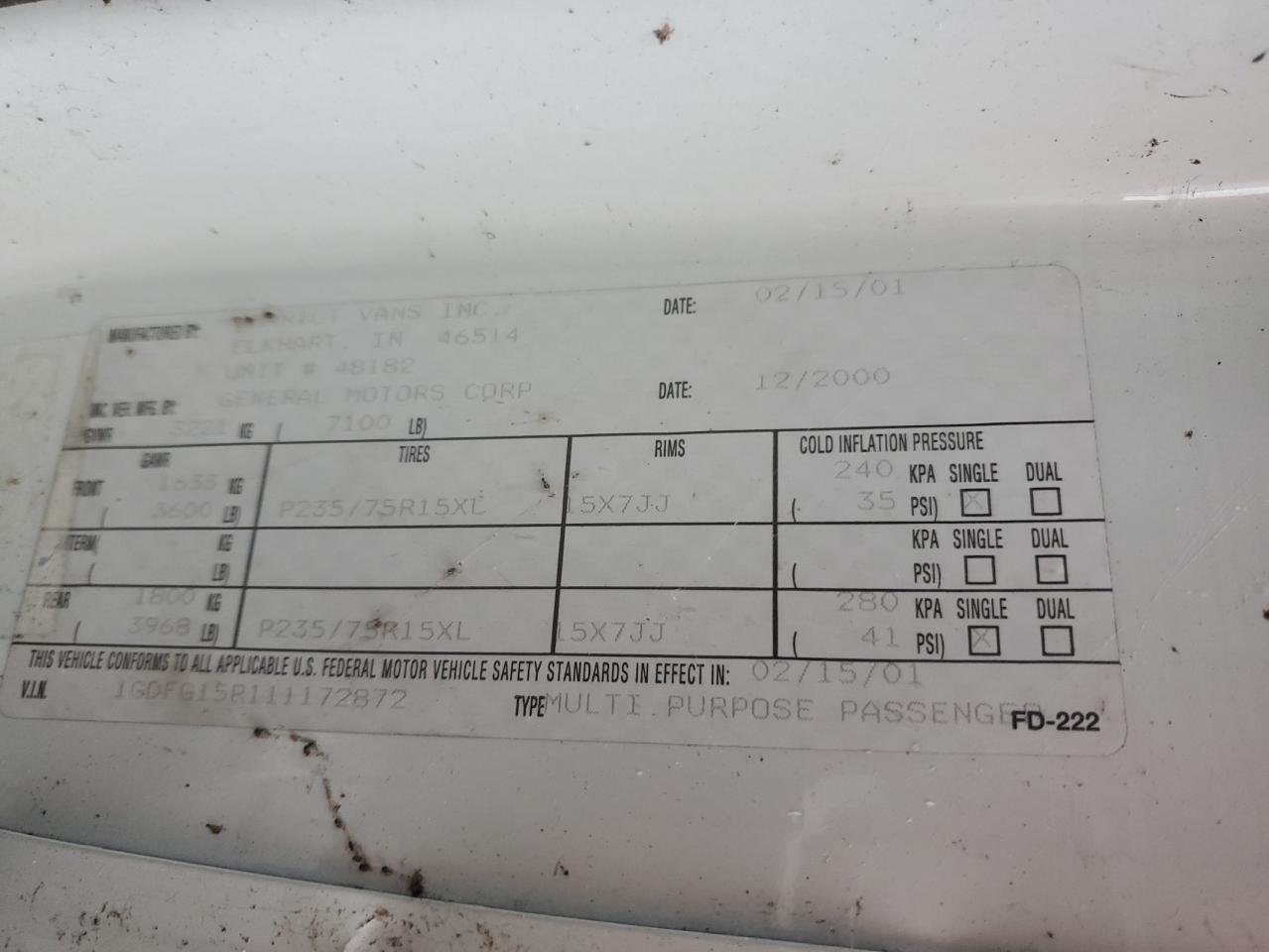 1GDFG15R111172872 2001 GMC Savana Rv G1500