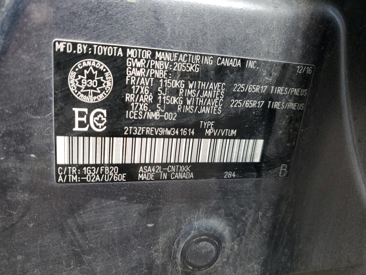 2T3ZFREV9HW341614 2017 Toyota Rav4 Le