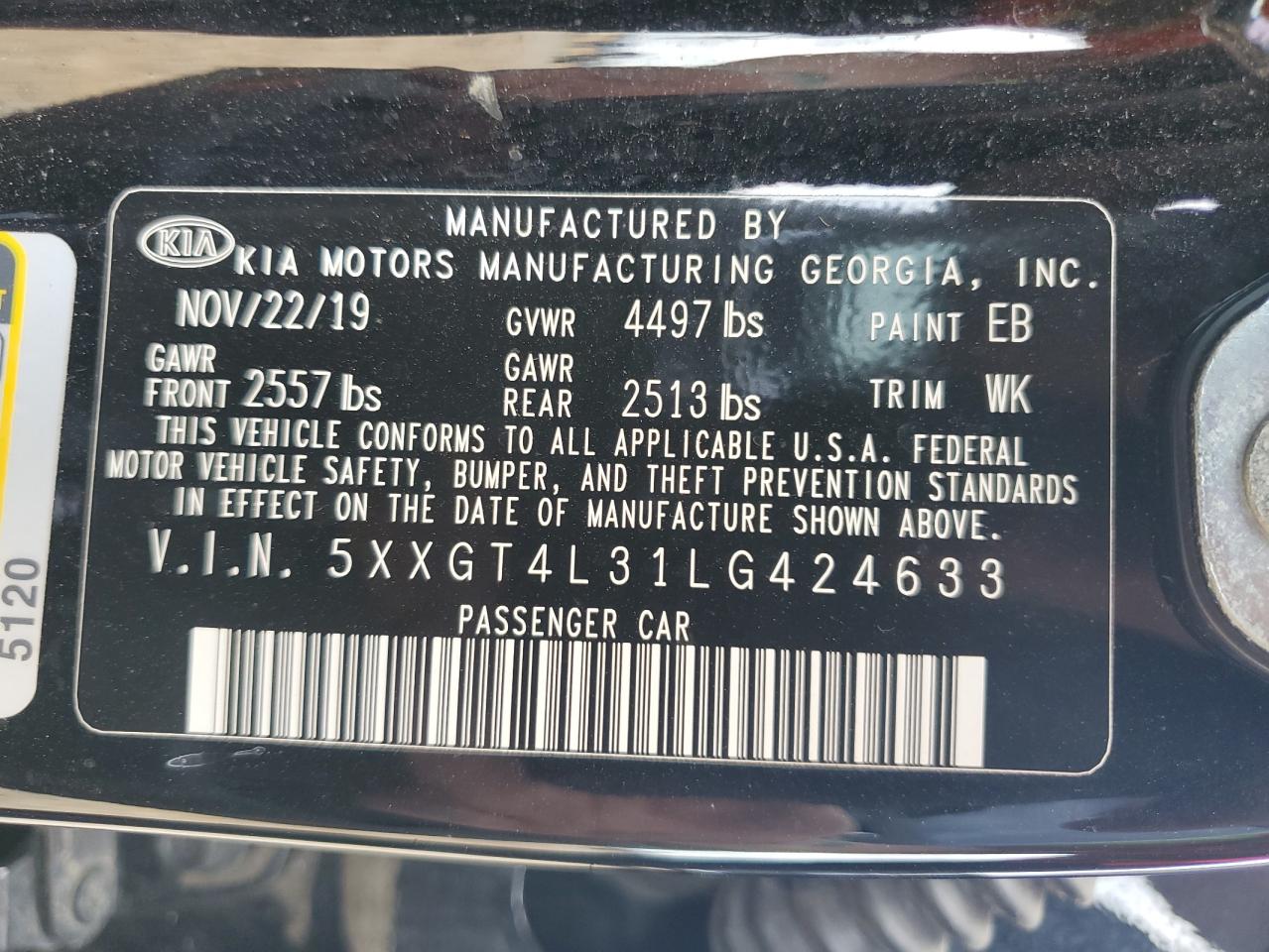 5XXGT4L31LG424633 2020 Kia Optima Lx