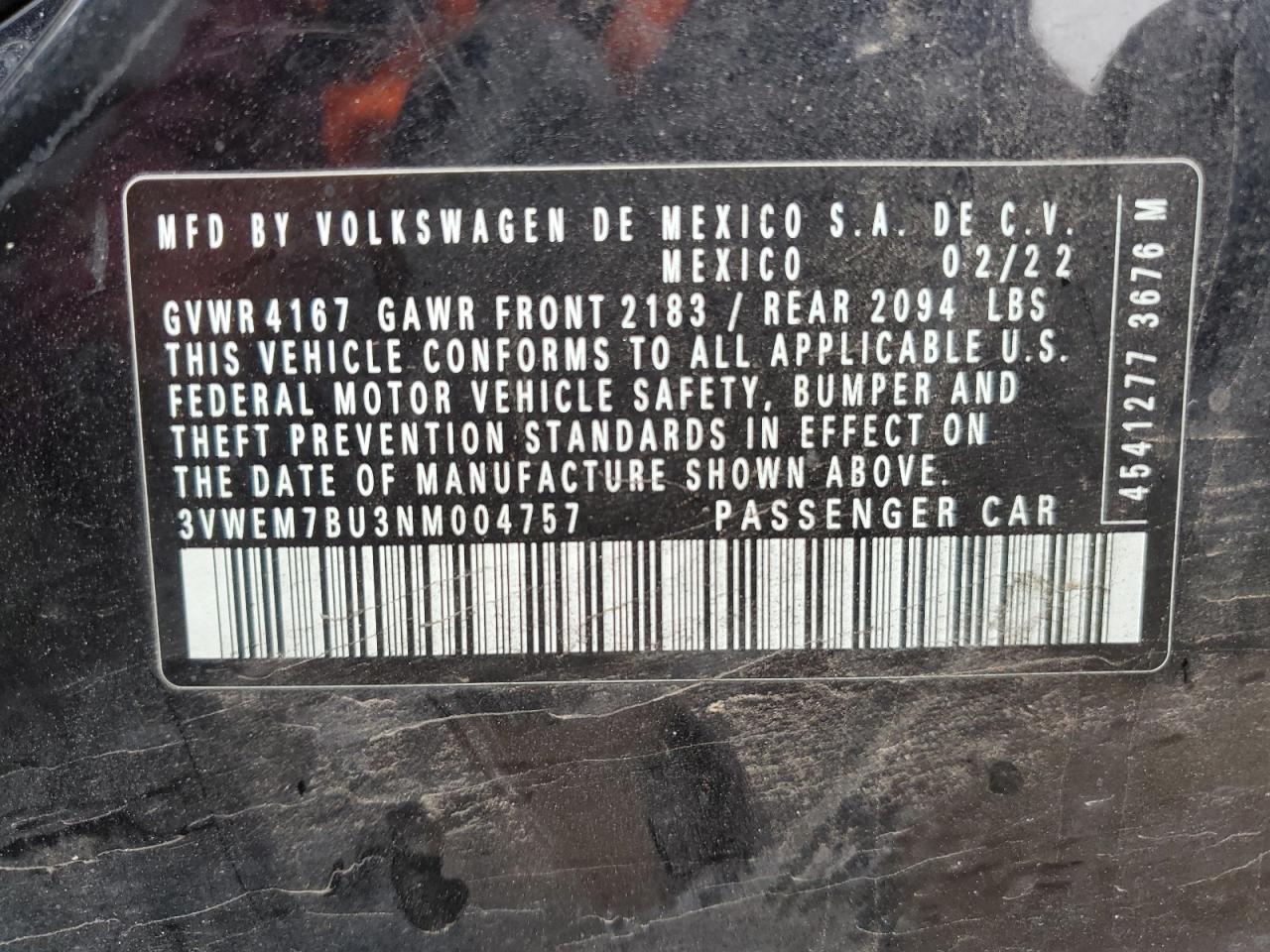 3VWEM7BU3NM004757 2022 Volkswagen Jetta Se