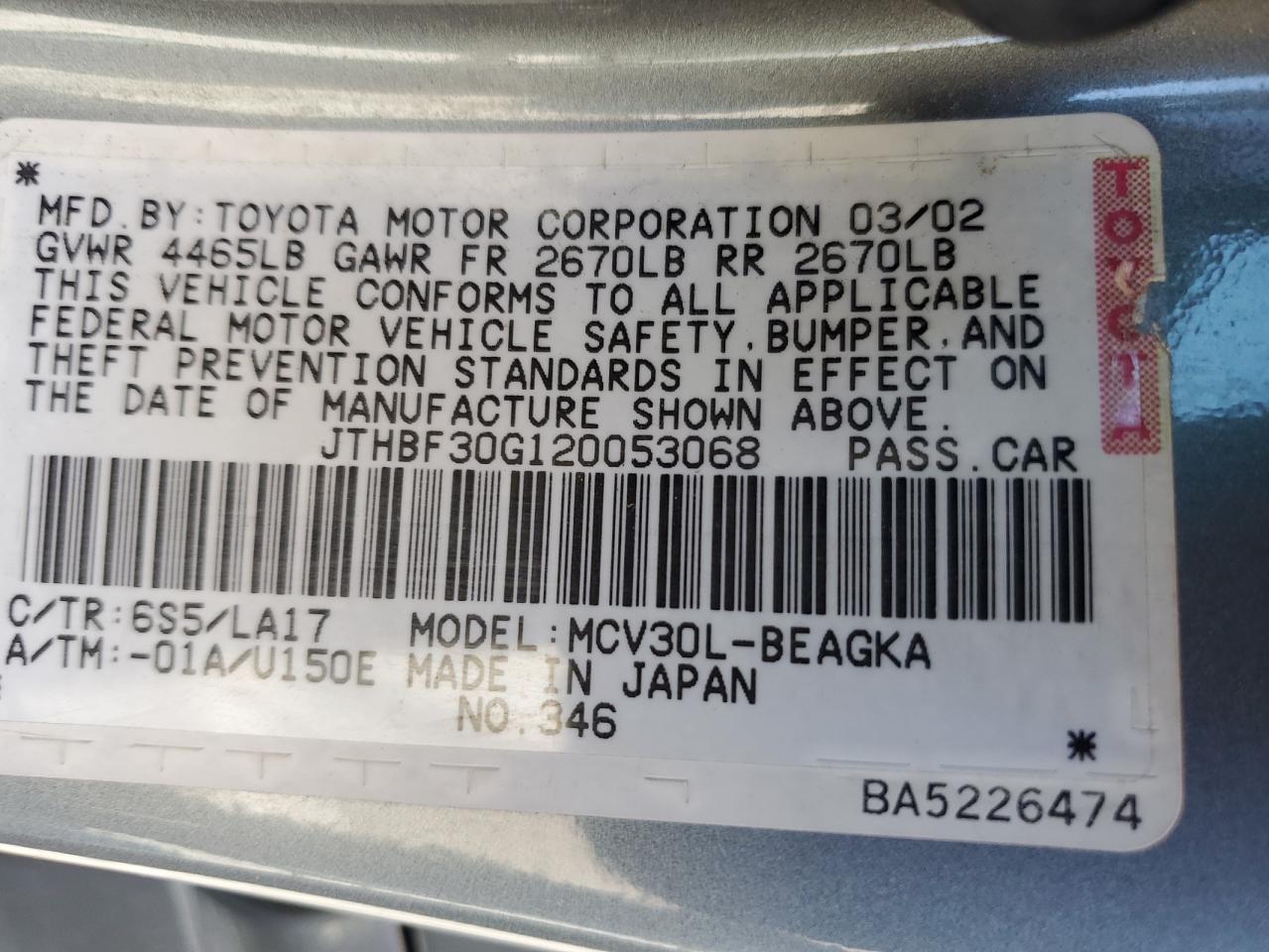 JTHBF30G120053068 2002 Lexus Es 300