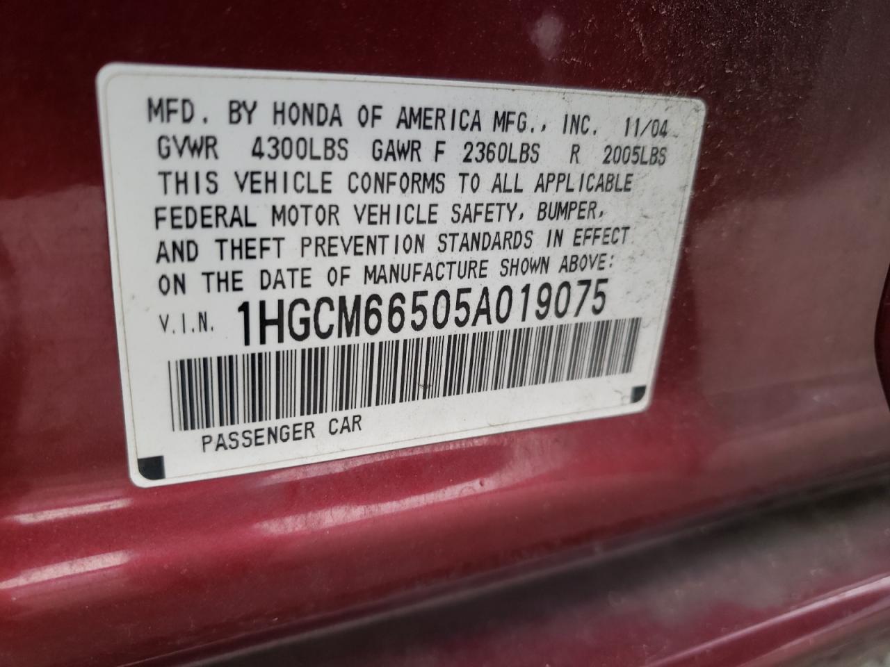 1HGCM66505A019075 2005 Honda Accord Ex