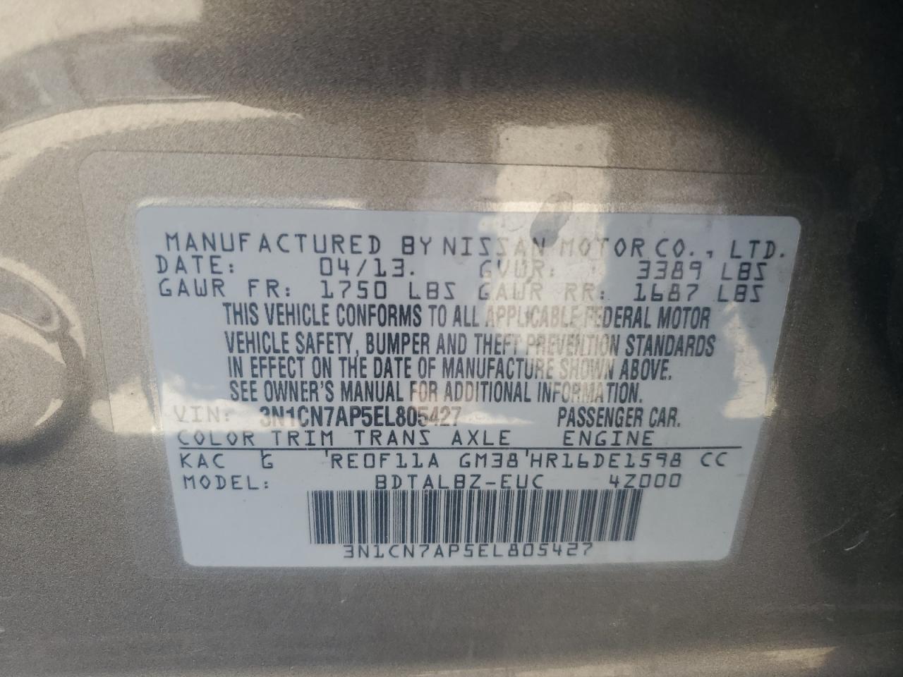 3N1CN7AP5EL805427 2014 Nissan Versa S