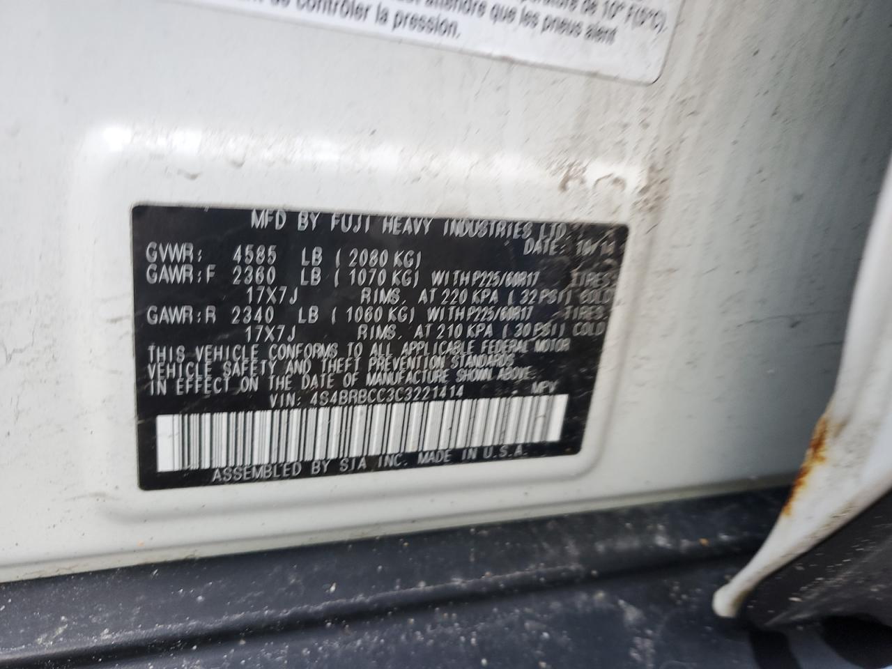 4S4BRBCC3C3221414 2012 Subaru Outback 2.5I Premium