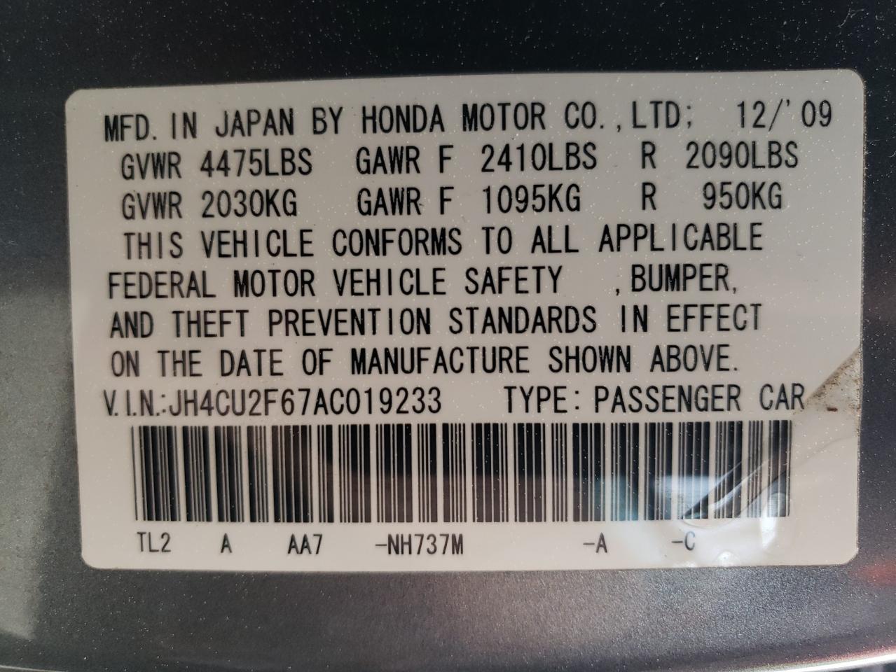 JH4CU2F67AC019233 2010 Acura Tsx