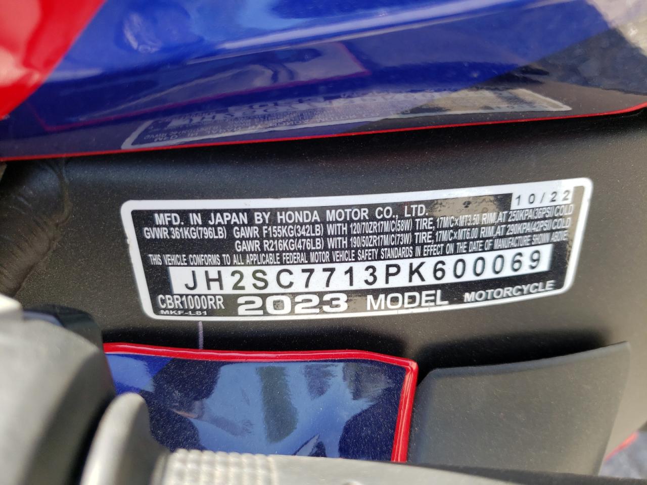 JH2SC7713PK600069 HONDA CBR CYCLE 2023