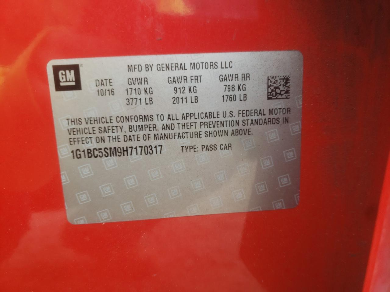 1G1BC5SM9H7170317 CHEVROLET CRUZE 2017