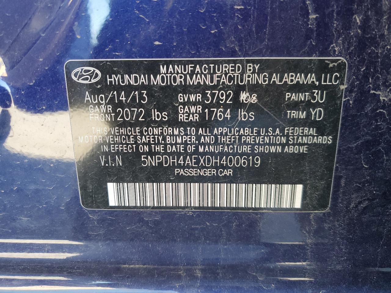 5NPDH4AEXDH400619 2013 Hyundai Elantra Gls