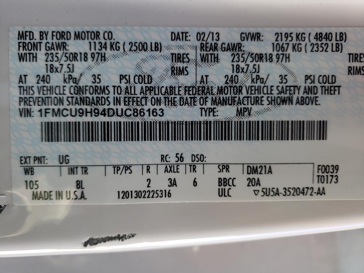 1FMCU9H94DUC86163 2013 Ford Escape Sel