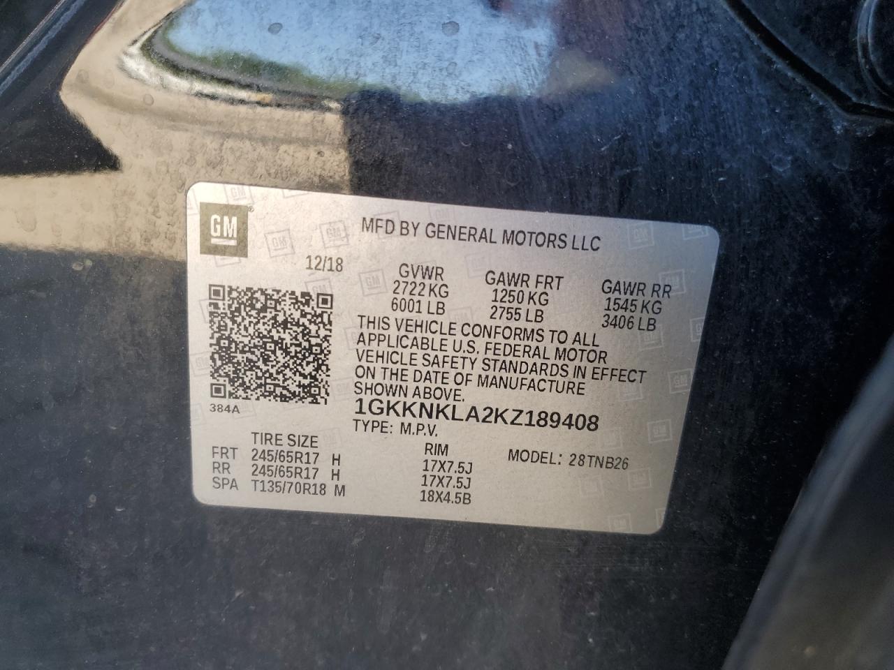 1GKKNKLA2KZ189408 2019 GMC Acadia Sle