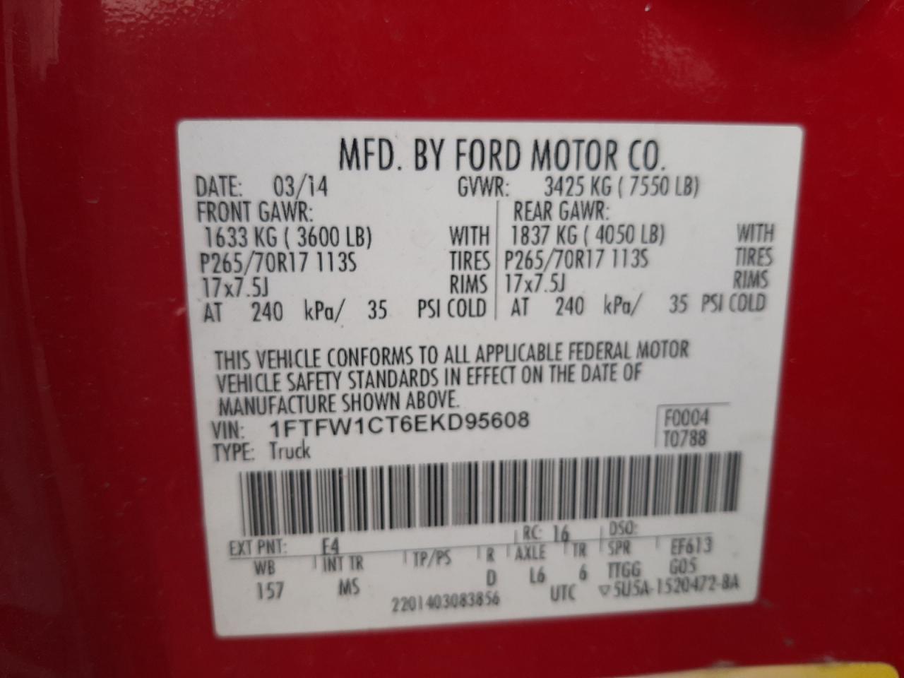1FTFW1CT6EKD95608 2014 Ford F150 Supercrew