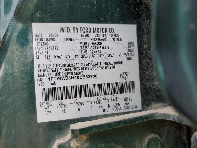 2008 Ford F350 Super Duty VIN: 1FTWW33R18EB62738 Lot: 52264854