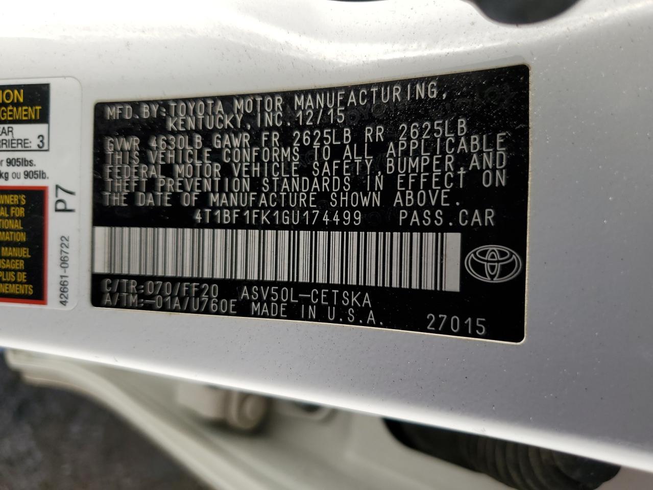 4T1BF1FK1GU174499 2016 Toyota Camry Le