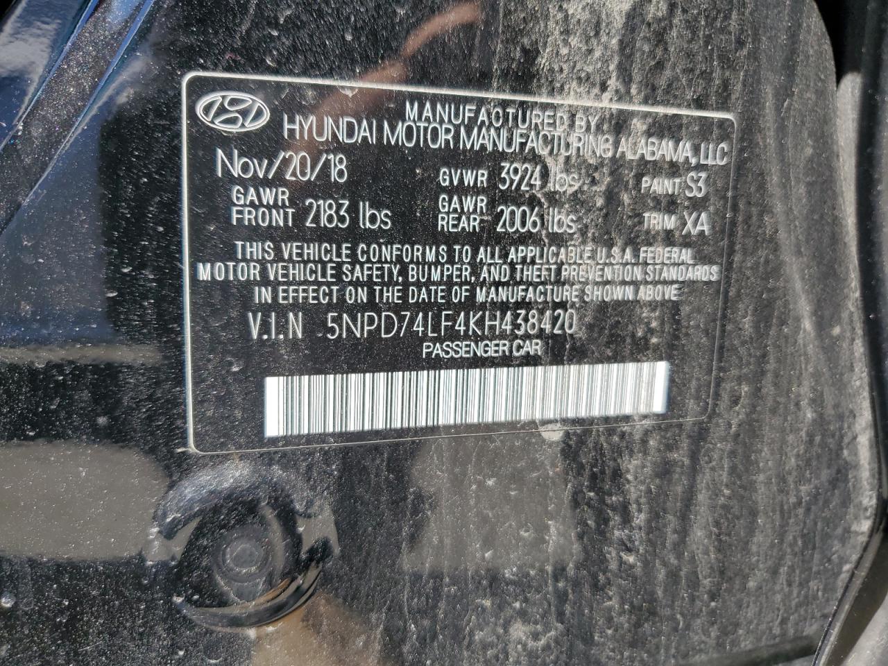 5NPD74LF4KH438420 2019 Hyundai Elantra Se