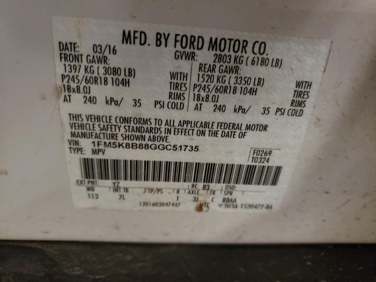 1FM5K8B88GGC51735 FORD EXPLORER 2016