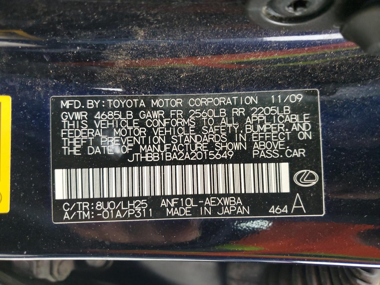 JTHBB1BA2A2015649 2010 Lexus Hs 250H