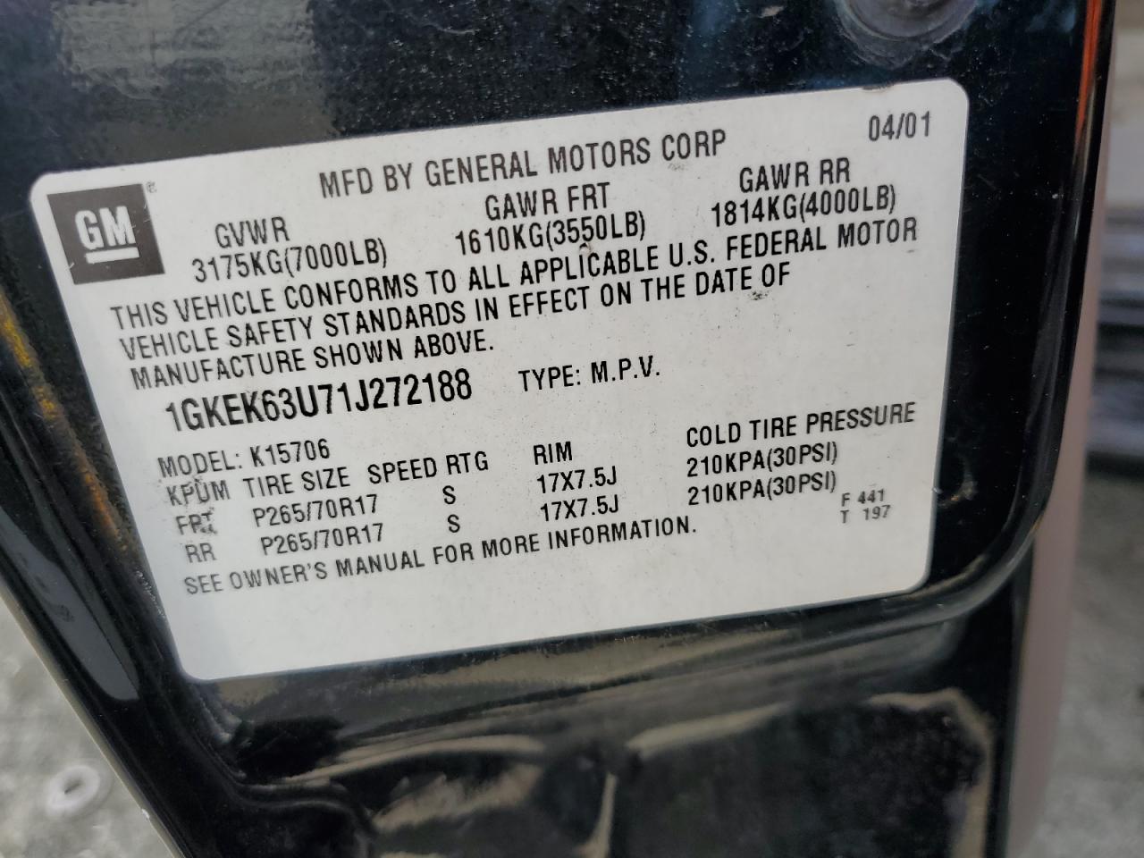 1GKEK63U71J272188 2001 GMC Denali