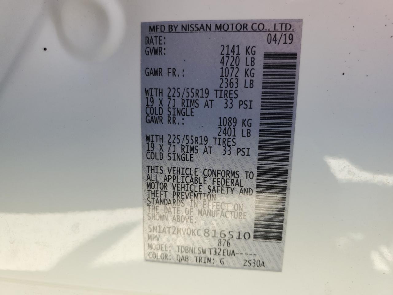 5N1AT2MV0KC816510 2019 Nissan Rogue S