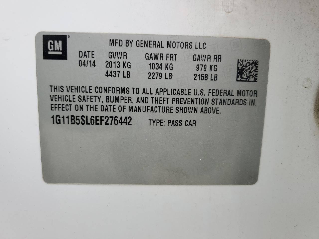 1G11B5SL6EF276442 2014 Chevrolet Malibu Ls