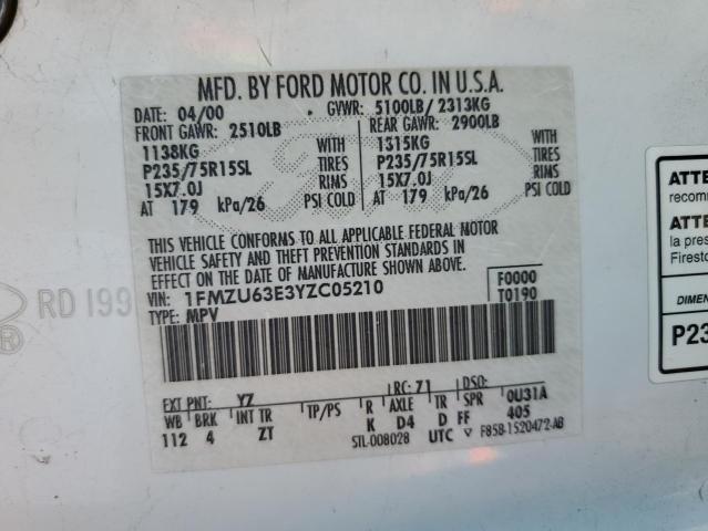 2000 Ford Explorer Xlt VIN: 1FMZU63E3YZC05210 Lot: 50183824