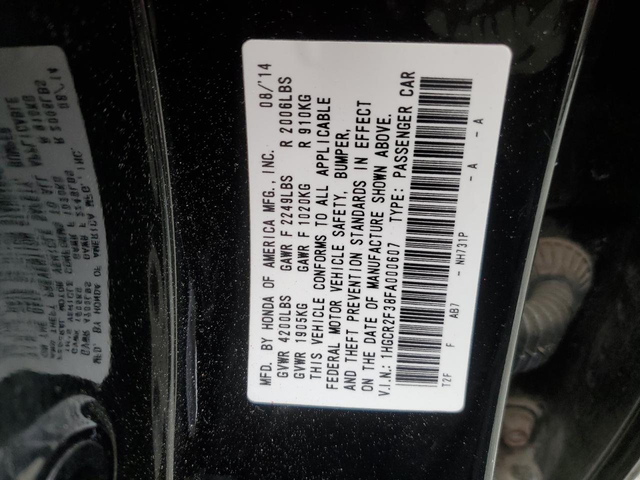 1HGCR2F38FA000607 2015 Honda Accord Lx