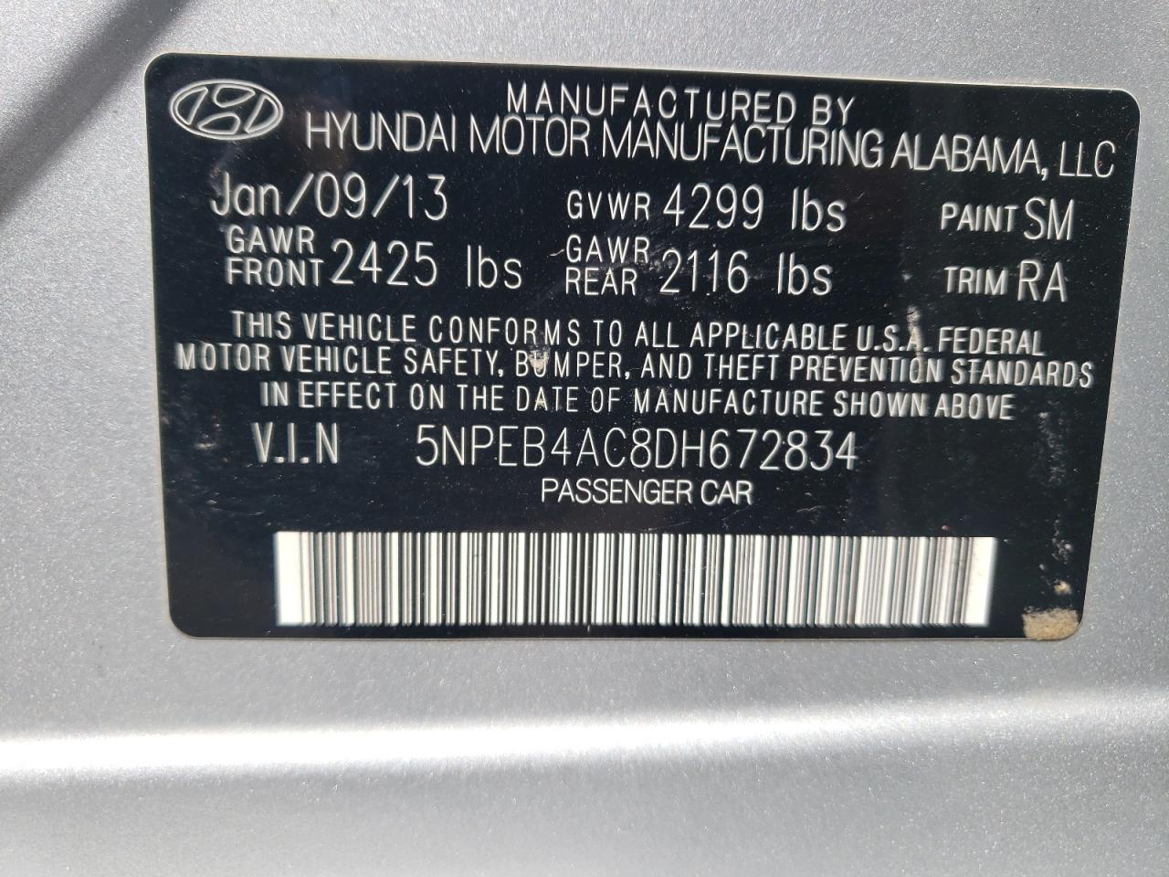 5NPEB4AC8DH672834 2013 Hyundai Sonata Gls