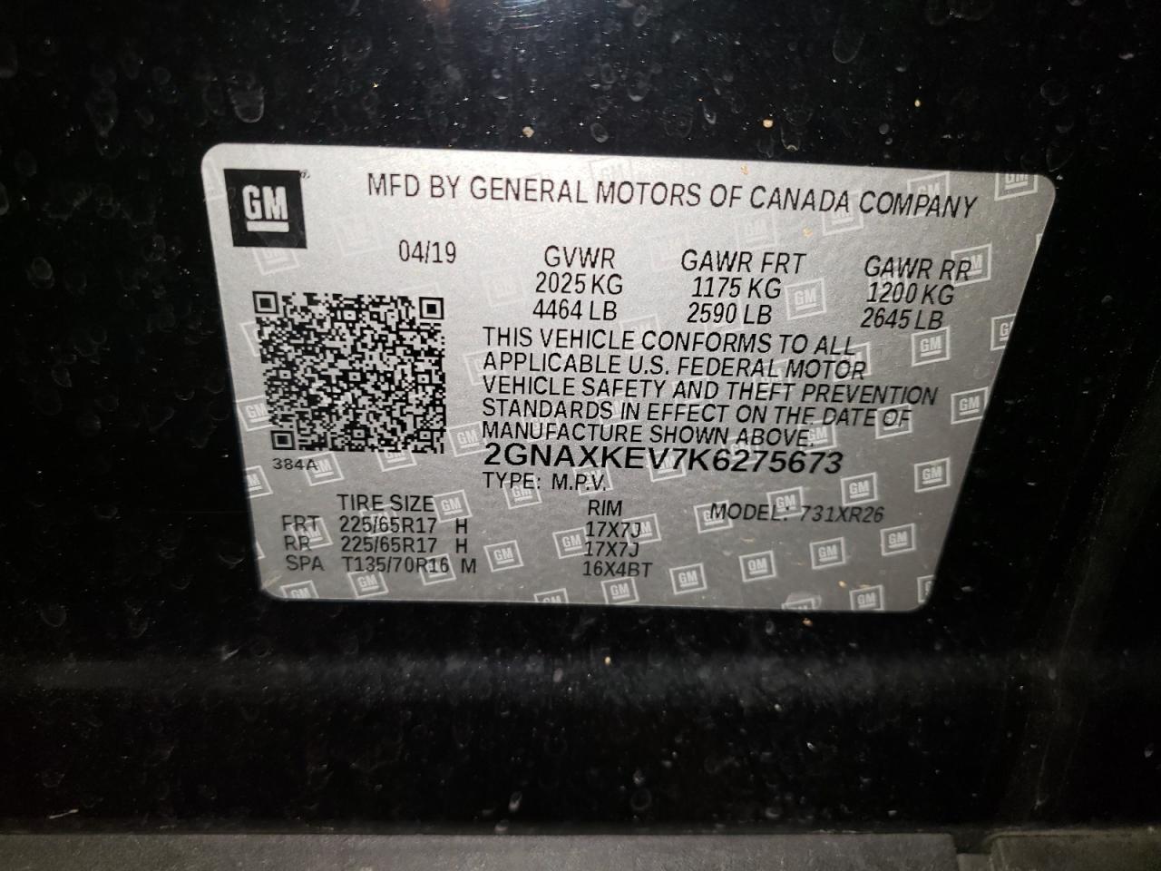 2GNAXKEV7K6275673 2019 Chevrolet Equinox Lt